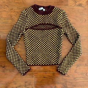 Zara Maroon and Yellow Checkered Pattern Knit Crewneck Cutout Cropped Sweater